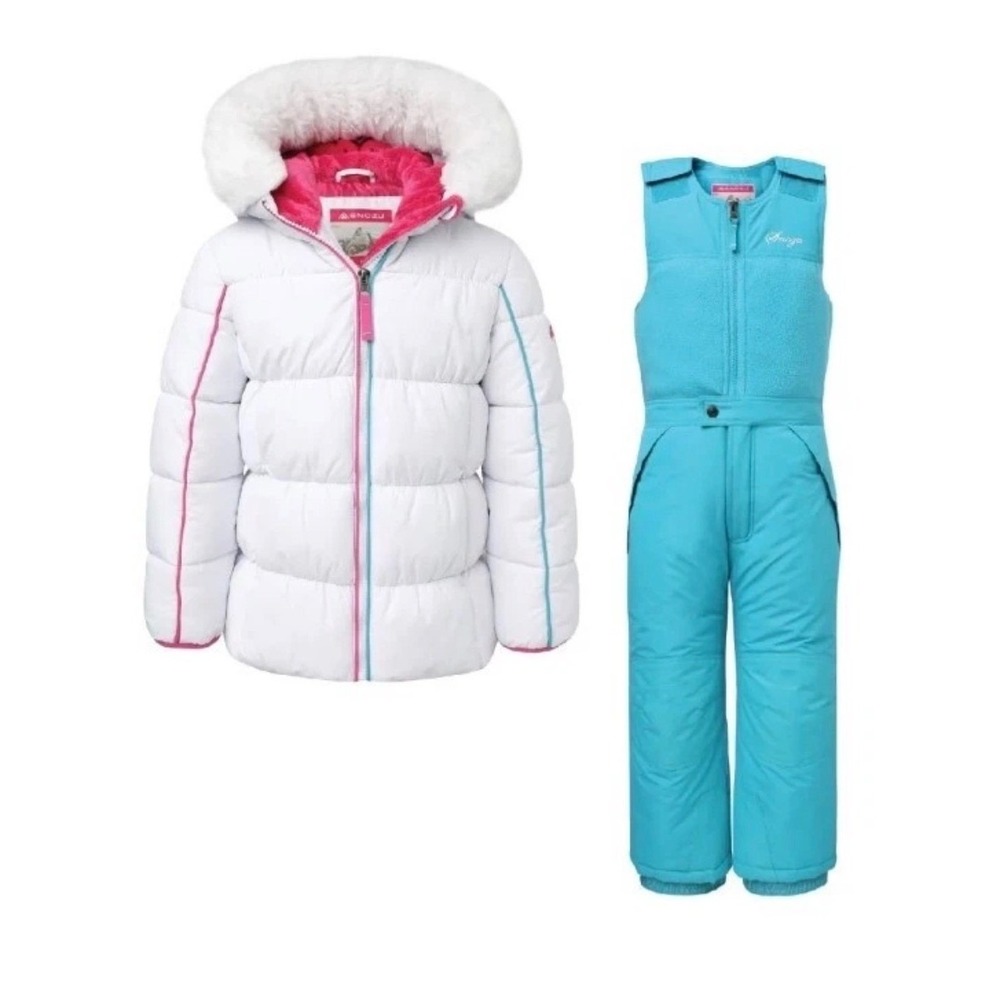 NEW! SNOZU GIRLS 2 PIECE SNOW SET WHITE PUFFER JACKET TEAL BIB PANTS SIZE 6